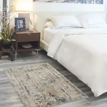 3' X 5' Beige And Grey Abstract Power Loom Non Skid Area Rug