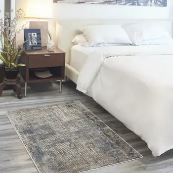 3' X 5' Blue And Beige Abstract Power Loom Distressed Non Skid Area Rug