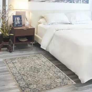 3' X 5' Beige And Grey Oriental Power Loom Non Skid Area Rug