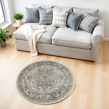 4' Ivory And Gray Oriental Distressed Round Rug