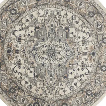 8' Ivory And Grey Round Oriental Power Loom Non Skid Area Rug