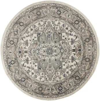 8' Ivory And Grey Round Oriental Power Loom Non Skid Area Rug