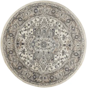 8' Ivory And Grey Round Oriental Power Loom Non Skid Area Rug