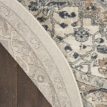 8' Ivory And Grey Round Oriental Power Loom Non Skid Area Rug