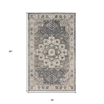 3' X 5' Grey And Ivory Oriental Power Loom Non Skid Area Rug