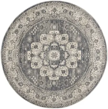 4' Grey And Ivory Round Oriental Power Loom Non Skid Area Rug