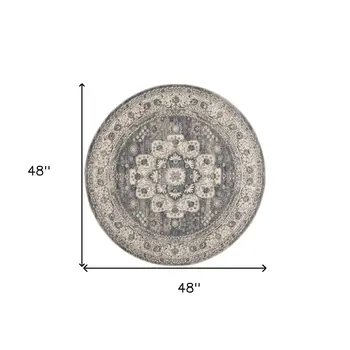 4' Grey And Ivory Round Oriental Power Loom Non Skid Area Rug