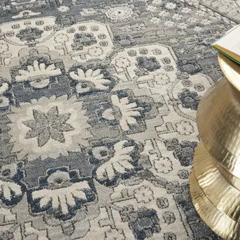 8' Grey And Ivory Round Oriental Power Loom Non Skid Area Rug