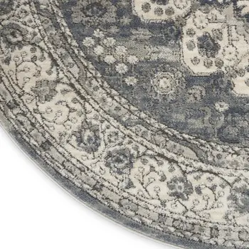 8' Grey And Ivory Round Oriental Power Loom Non Skid Area Rug