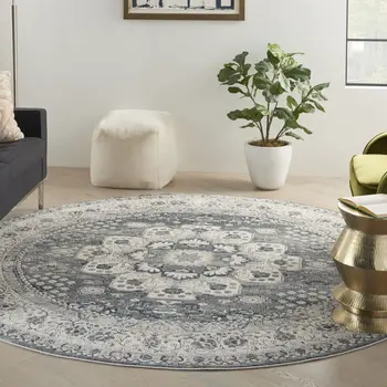 8' Grey And Ivory Round Oriental Power Loom Non Skid Area Rug