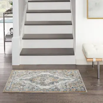 2' X 4' Grey And Light Blue Oriental Power Loom Non Skid Area Rug