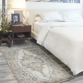 3' X 5' Grey And Light Blue Oriental Power Loom Non Skid Area Rug