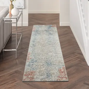 2' X 8' Ivory Abstract Power Loom Distressed Non Skid Runner Rug