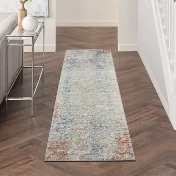 2' X 8' Ivory Abstract Power Loom Distressed Non Skid Runner Rug
