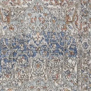 2' X 8' Ivory And Blue Oriental Power Loom Non Skid Runner Rug