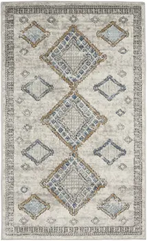 3' X 5' Ivory Grey And Blue Southwestern Power Loom Non Skid Area Rug