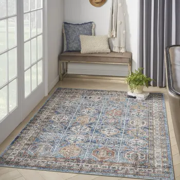4' X 6' Blue Southwestern Power Loom Non Skid Area Rug