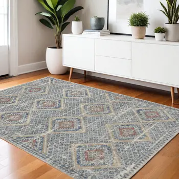 4' X 6' Blue And Ivory Southwestern Power Loom Non Skid Area Rug