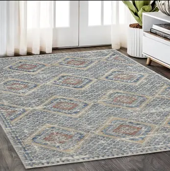 5' X 7' Blue And Ivory Southwestern Power Loom Non Skid Area Rug