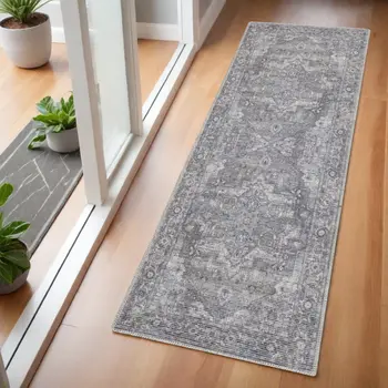 6' Gray And Blue Oriental Distressed Washable Runner Rug
