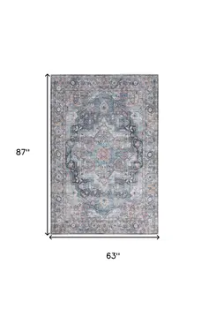 5' X 7' Light Blue Oriental Power Loom Distressed Washable Area Rug