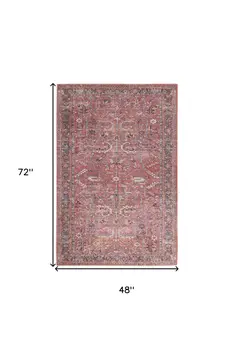 4' X 6' Brick Oriental Power Loom Distressed Washable Area Rug