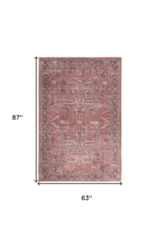 5' X 7' Pink And Blue Oriental Distressed Washable Area Rug