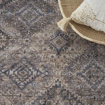 5' X 7' Ivory Latte Oriental Power Loom Distressed Washable Area Rug