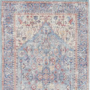 6' Blue Orange And Red Oriental Distressed Washable Runner Rug