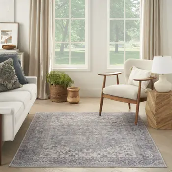 5' X 7' Grey Oriental Power Loom Distressed Washable Area Rug