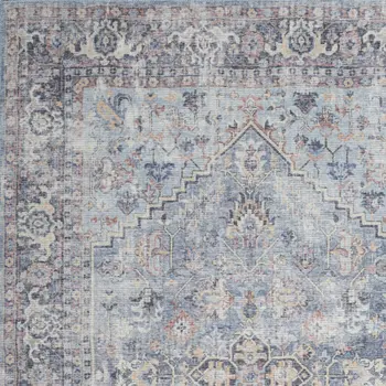 4' X 6' Light Grey And Blue Oriental Power Loom Distressed Washable Area Rug
