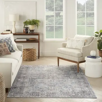 4' X 6' Light Grey And Blue Oriental Power Loom Distressed Washable Area Rug