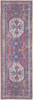 2' X 6' Red And Navy Oriental Power Loom Distressed Washable Runner Rug