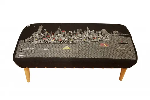 38" Gray Wool and Brown Ottoman