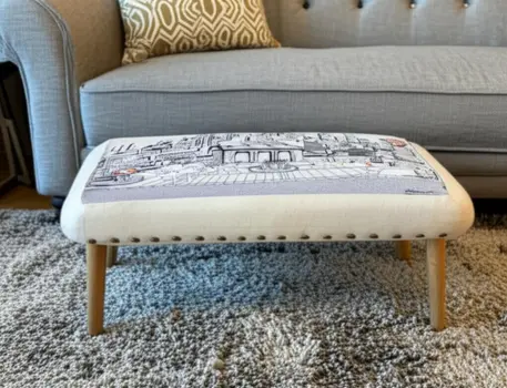 38" Cream Wool And Brown Ottoman