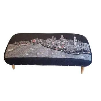 38" Gray Wool and Brown Ottoman