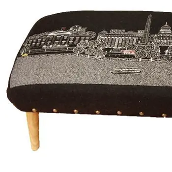 38" Gray Wool and Brown Ottoman