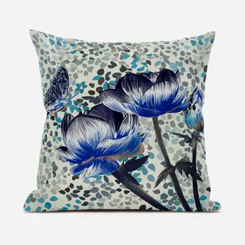 18" X 18" Blue and Green Butterfly Broadcloth Floral Zippered Pillow