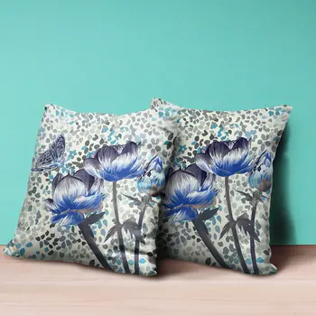 18" X 18" Blue and Green Butterfly Broadcloth Floral Zippered Pillow