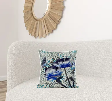 18" X 18" Blue and Green Butterfly Broadcloth Floral Zippered Pillow