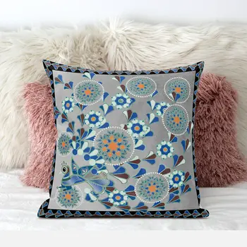 20" X 20" Gray and Black Peacock Broadcloth Floral Zippered Pillow