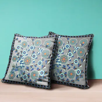 20" X 20" Gray and Black Peacock Broadcloth Floral Zippered Pillow