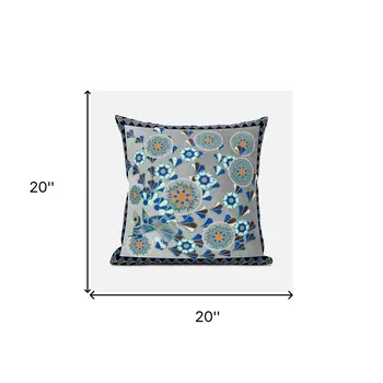 20" X 20" Gray and Black Peacock Broadcloth Floral Zippered Pillow