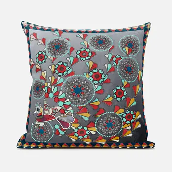 16" X 16" Blue and Gray Peacock Broadcloth Floral Zippered Pillow