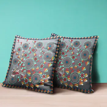 16" X 16" Blue and Gray Peacock Broadcloth Floral Zippered Pillow