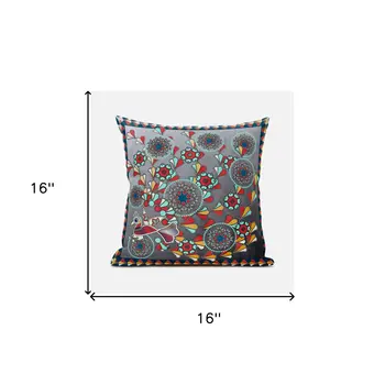 16" X 16" Blue and Gray Peacock Broadcloth Floral Zippered Pillow