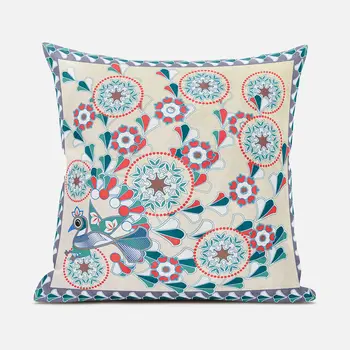 16" X 16" Green and Red Peacock Broadcloth Floral Zippered Pillow