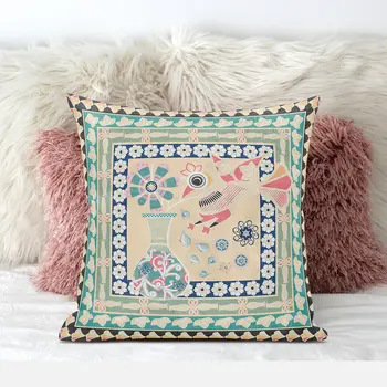 16" X 16" Pink and Green Peacock Broadcloth Floral Zippered Pillow