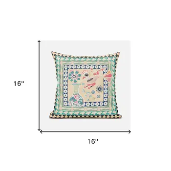 16" X 16" Pink and Green Peacock Broadcloth Floral Zippered Pillow