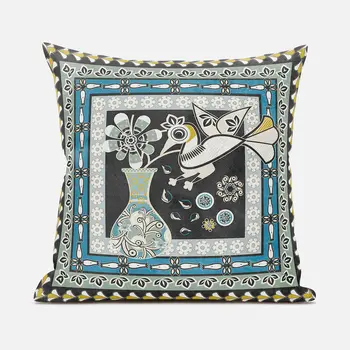 18" X 18" Black and Blue Peacock Broadcloth Floral Zippered Pillow